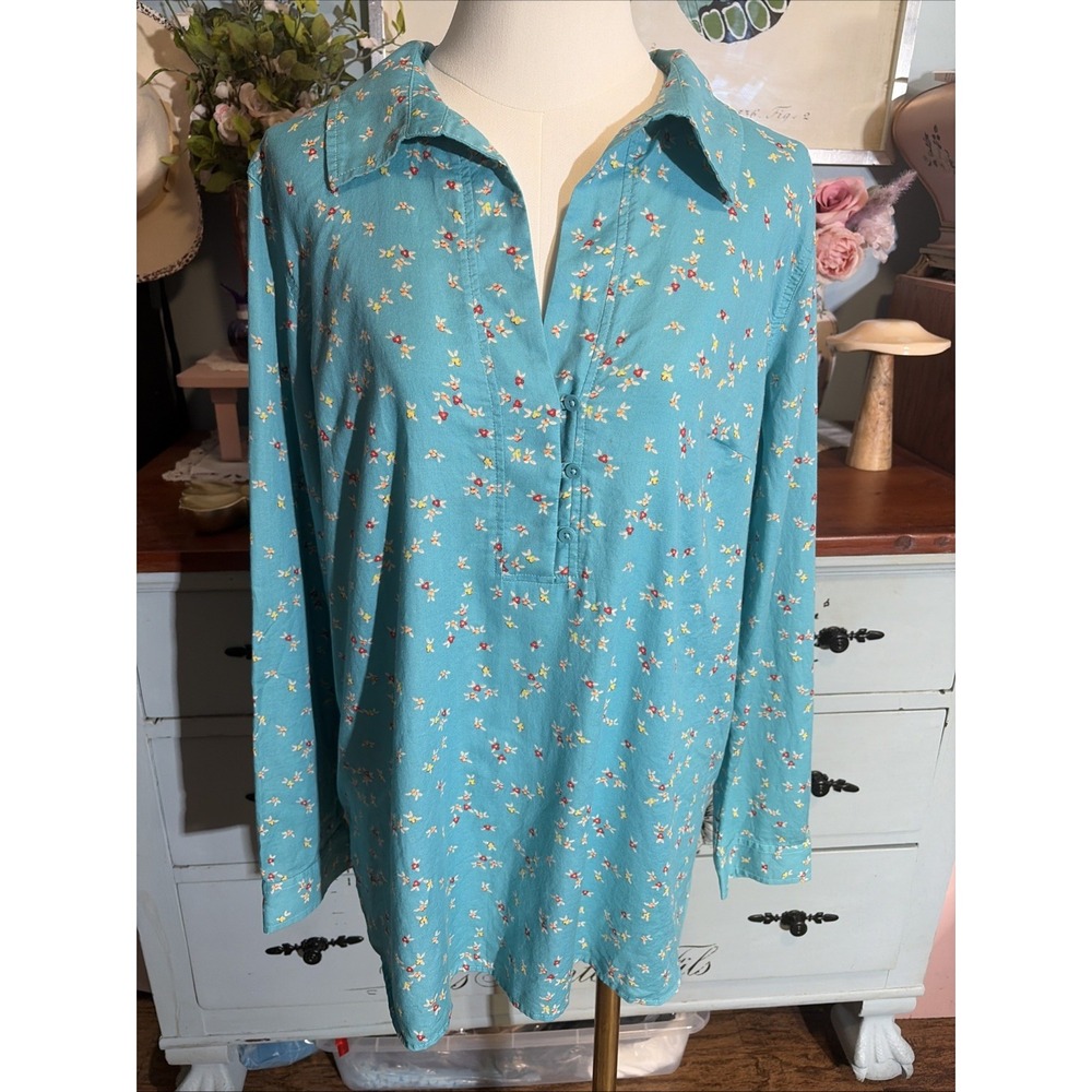 Talbots Teal Blue Red Dainty Floral Blouse Sz Large. 100% Cotton Excellent.